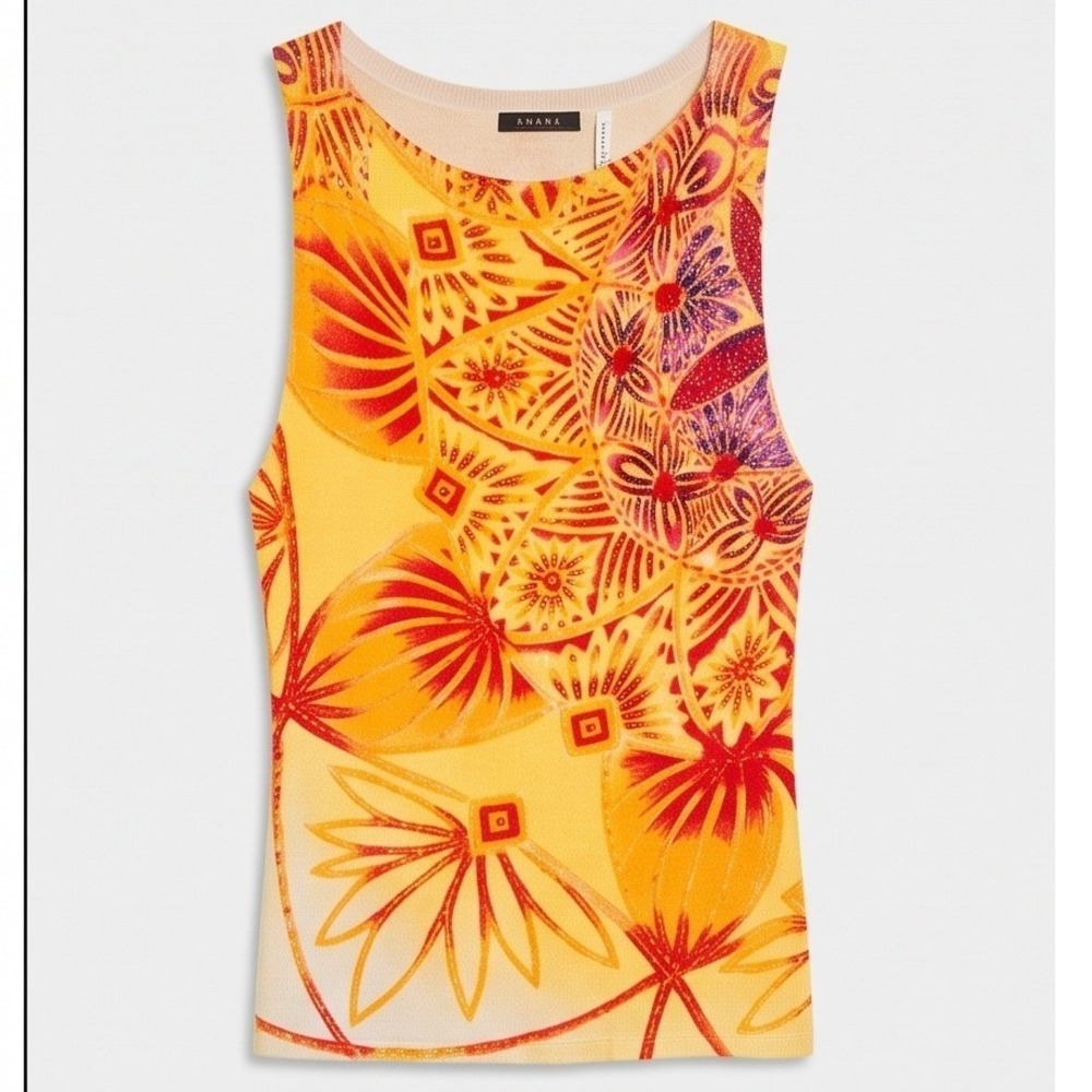 Cyrus M Womens Beaded Floral Knit Tank Top Yellow Orange Sleeveless Size Medium
